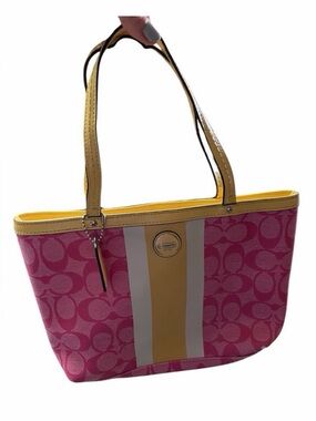 Coach Pink Signature Stripe Small Tote with Yellow Trim